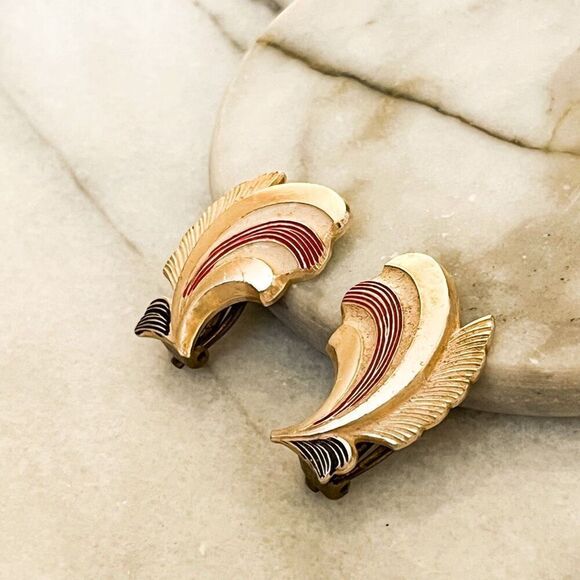 Vintage Signed Germany Clip On Earrings Rose Gold Toned Metal and Enamel MCM - Picture 2 of 8